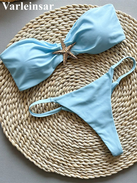 New Metal Star Bandeau High Cut Thong Bikini Women Swimwear Female Swimsuit Two-pieces Bikini set Bather Bathing Suit Swim V6422