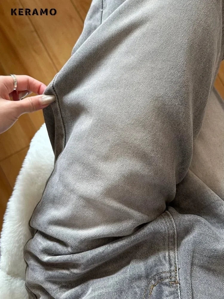 Women's Grey Vintage Jeans High Street Denim Trouser Casual Goth Pants High Waist Straight Streetwear Baggy Hosen Female  Y2K