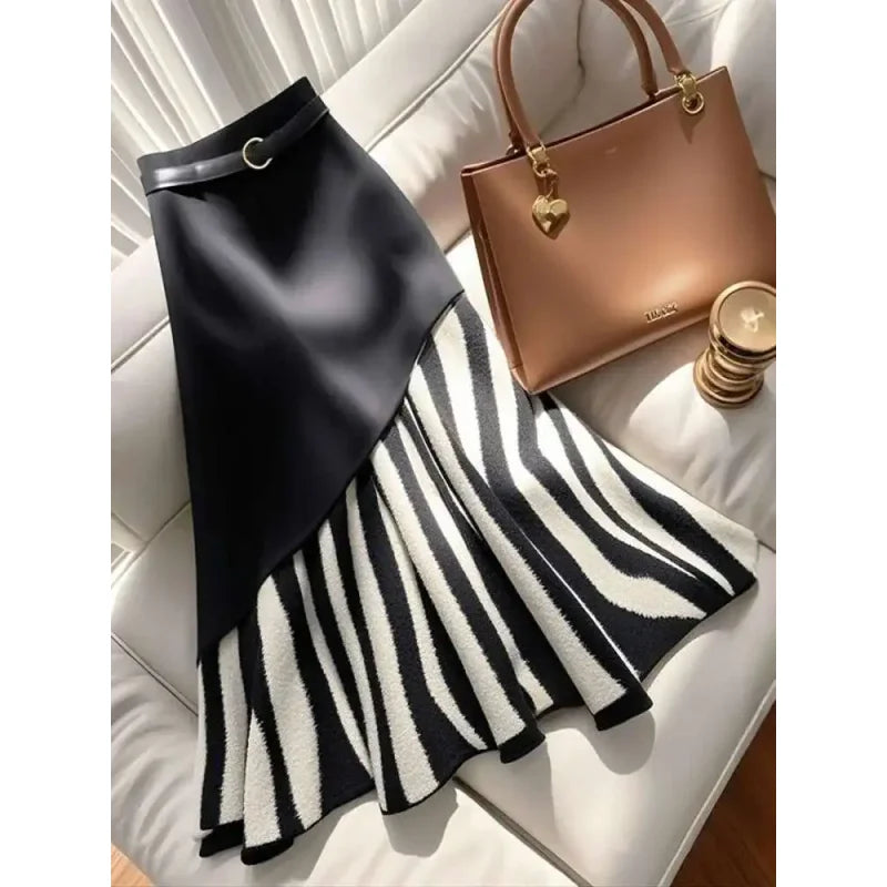 Irregualr Design Waistband Wrapped Hip Slim Mermaid Skirt Women's 2025 Spring New Tide Striped Patchwork Half Long Skirt