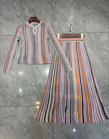 Women Metallic Sequined Striped Long Sleeve Knit Top+ Elastic Waist Long Skirts Sets
