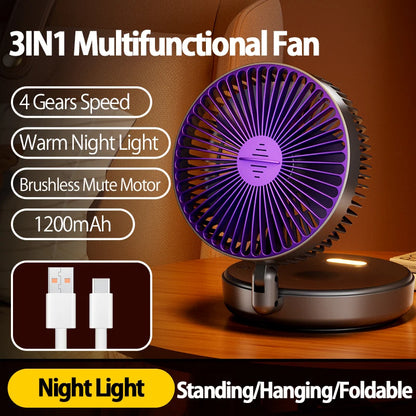 2024 New Rechargeable 3IN1 Multifunctional Portable Fan Wall Mounted Fan 90° Folding Fan 4 Gears With Warm Night Light