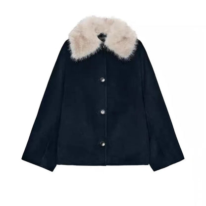 Vintage Women's Cropped Hooded Coats Fur Collar Full Sleeve Single Breasted Pocket Jacket 2025 Autumn Lady Y2K Warm Outwears New