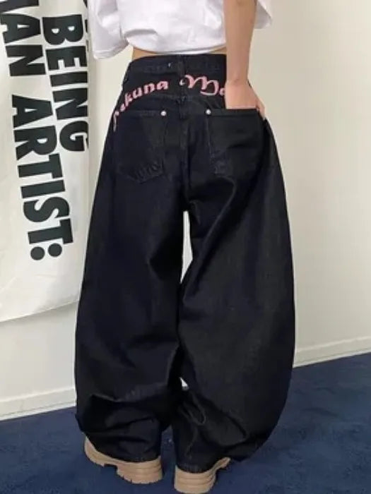 High Waist Straight Leg Bla Denim Jeans Women's Retro American Design kets Loose Fit Long Pants Slimming Effect
