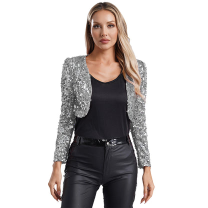 Womens Sequin Crop Jacket Open Front Long Sleeve Fully Lining Cardigan Cropped Blazer Bolero Shrug Cocktail Club Party Outerwear