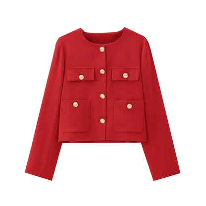 Fall Hot Sale Of The Season New Pure Color Short Coat round Neck Single Button Elegant Lady Niche 8630555 Polyester Fiber Full S