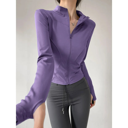 S-3XL Women's Fitness Jackets Yoga Coat with Zipper Slim Running Wear Stretch Gym Crop Top Lightweight Sports Outerwear Hoodless