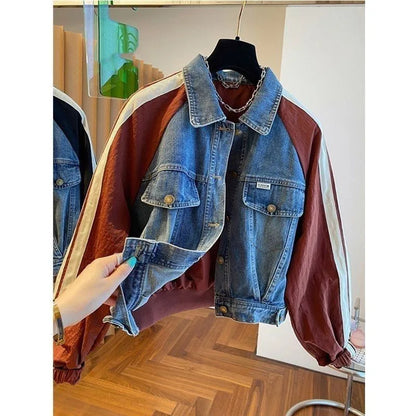 2025 Spring Autumn Short Baseball Jacket Loose Fitting Cowboy Women Outerwear European Fashion Splicing Together Denim Lady Coat