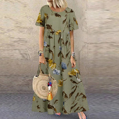 Casual Short Sleeved O-neck Floral Print Dress Summer Countryside Style Loose Long Dresses Plus Size Women's Clothing 9911