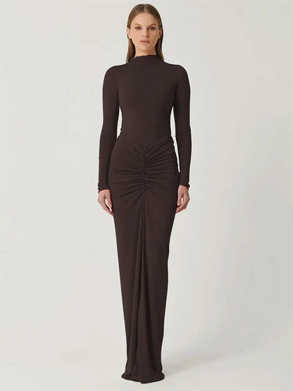 Sexy Red Dresses Women Autumn New Streetwear Fashion Folds O-Neck Long Sleeves Casual Slim Maxi Dress Elegant Lady Knitted Dress