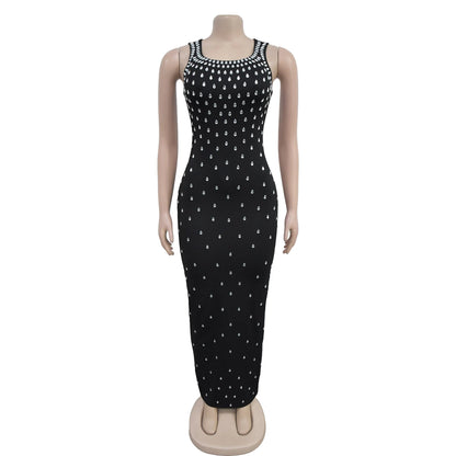 CM.YAYA Diamonds Hot Rhinestones Square Collar Women Sleeveless Bodycon Long Dress Birthday Party Evening Prom Maxi Dresses