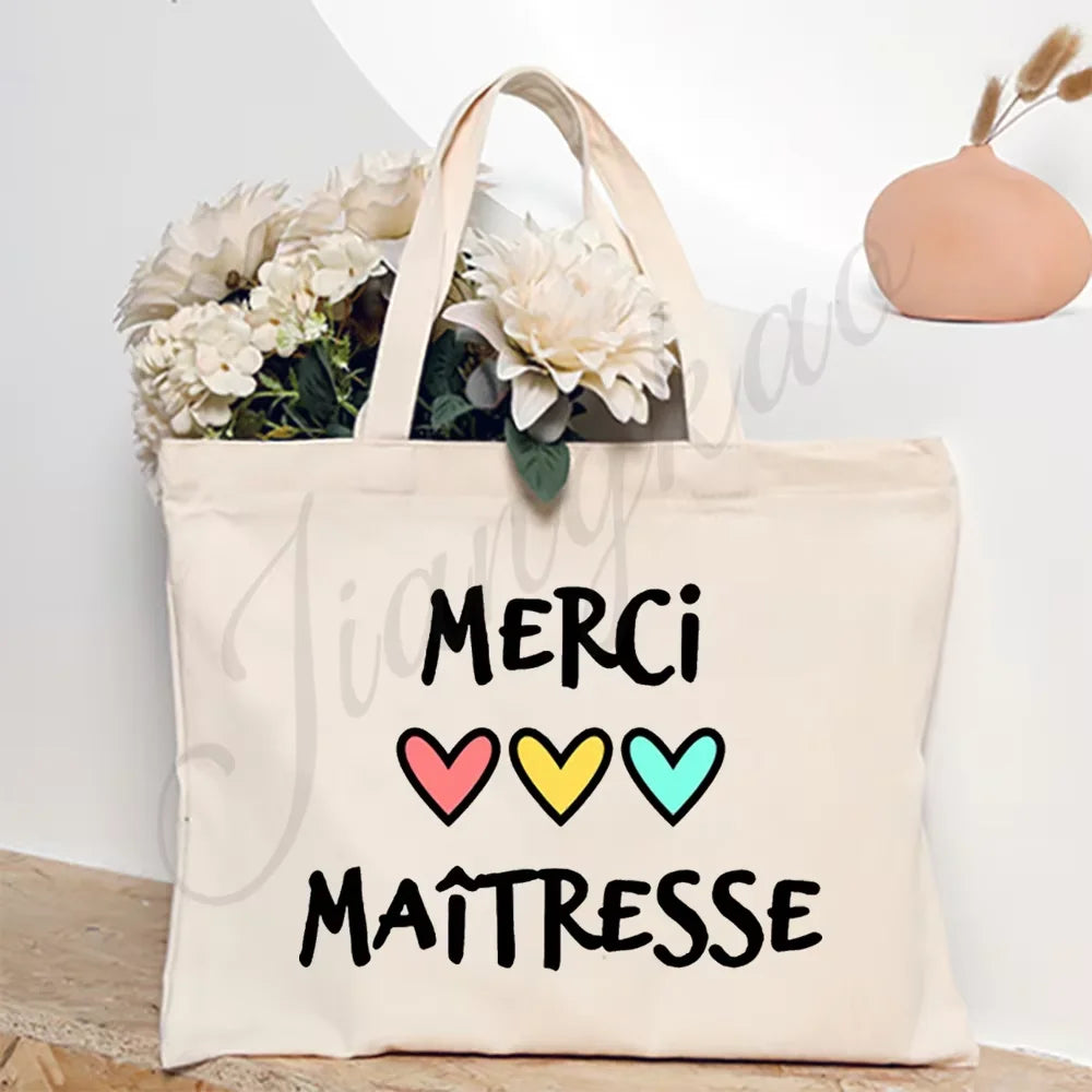 Thank You Teacher French Print Women Shoulder Bag CanvasShopping Bags Female Handbags Reusable Tote Bag Best Gifts for Maitresse