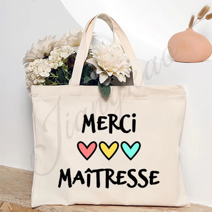 Thank You Teacher French Print Women Shoulder Bag CanvasShopping Bags Female Handbags Reusable Tote Bag Best Gifts for Maitresse