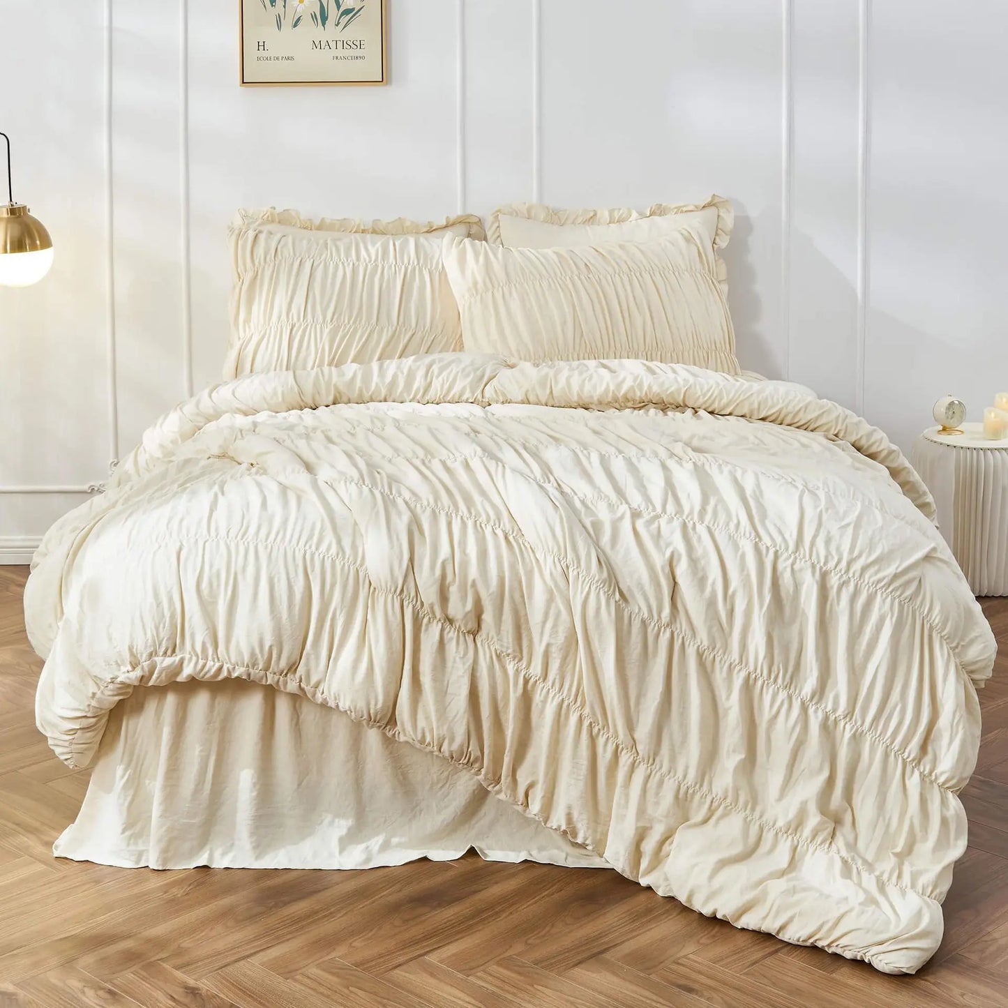 Ruched Comforter Luxury Pinch Pleat Bedding Set, Ultra Soft Washed Cotton Boho Quilt Set with Ruffled Pillow Shams 3-Piece