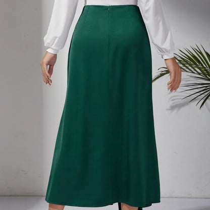 New In 2025 Women's Summer High Waist Satin Pleated Split Green Long Skirt Solid Color Zipper Office Lady Party Elegant Skirts