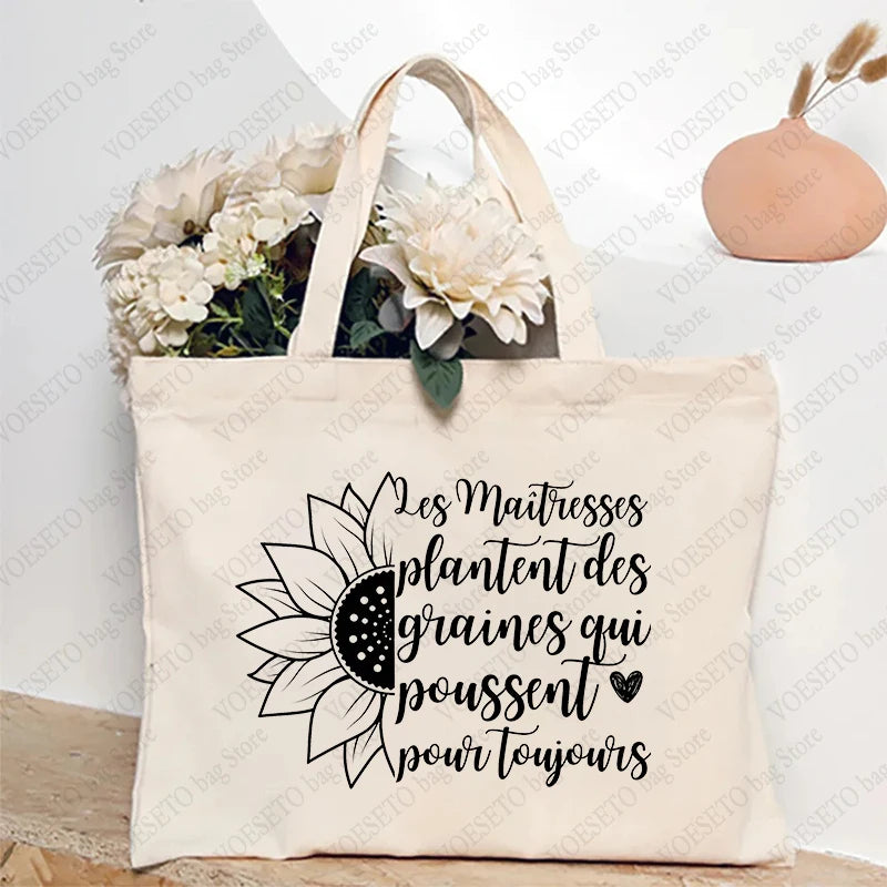 Teacher Theme Tote Bag Inspired School Shoulder Bag with French Style Design, Educational Motif Handbag Cadeau Maitresse D'école