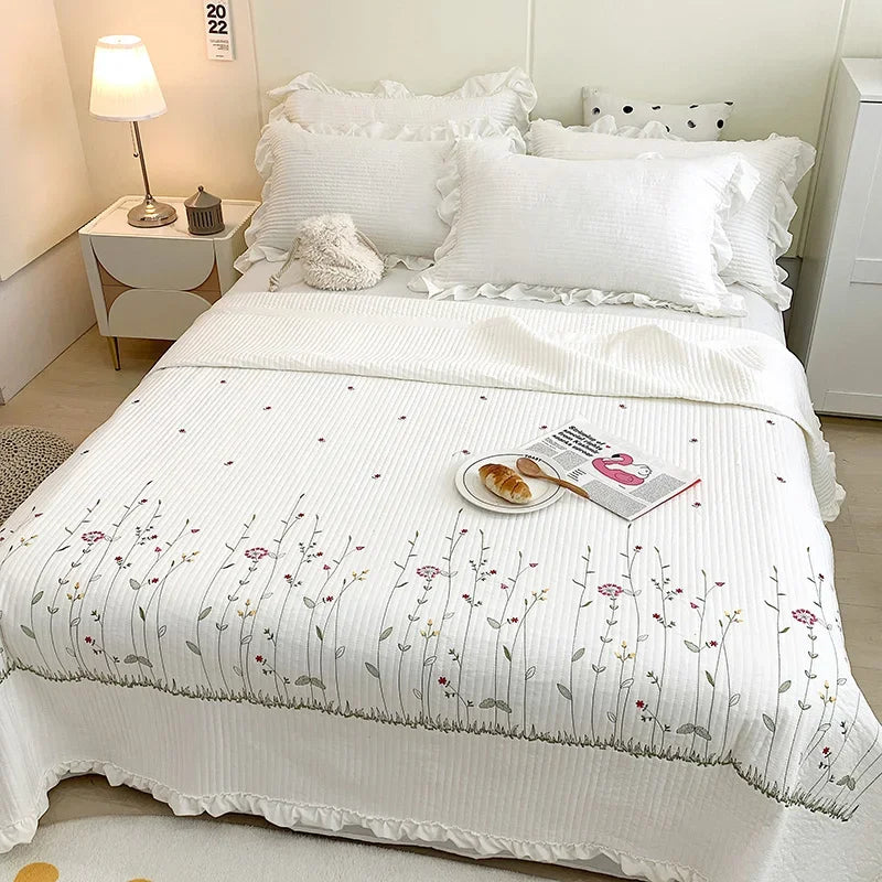Ruffles Flowers Embroidery Spring Summer Quilt 1/3/4 Pcs Set Princess Quilted Bedspread Air-conditioning Blanket Comforter Duvet