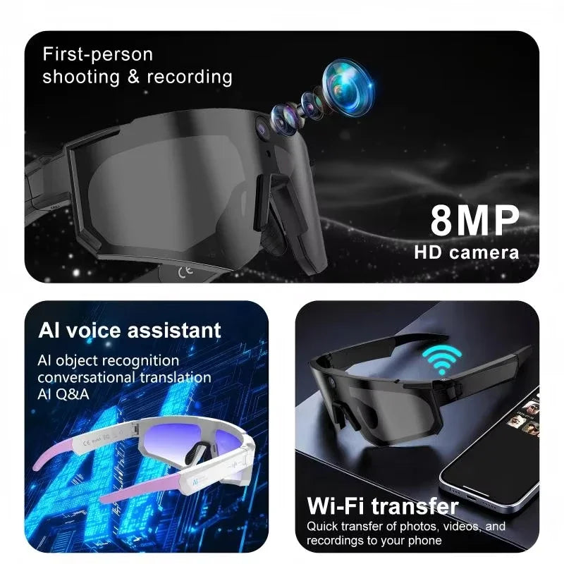 Lenovo 1600w AI Smart Camera Glasses Anti-shake 1080P Video Photo Cycling Sport ChatGPT Sunglasses DualMic 32GB Windproof Goggle