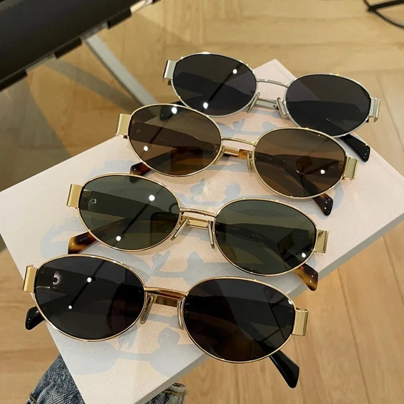 New Trendy Oval Sunglasses for Women Luxury Metal Frame Sun Glasses Ladies Classic Vintage Round Shades Unisex ﻿