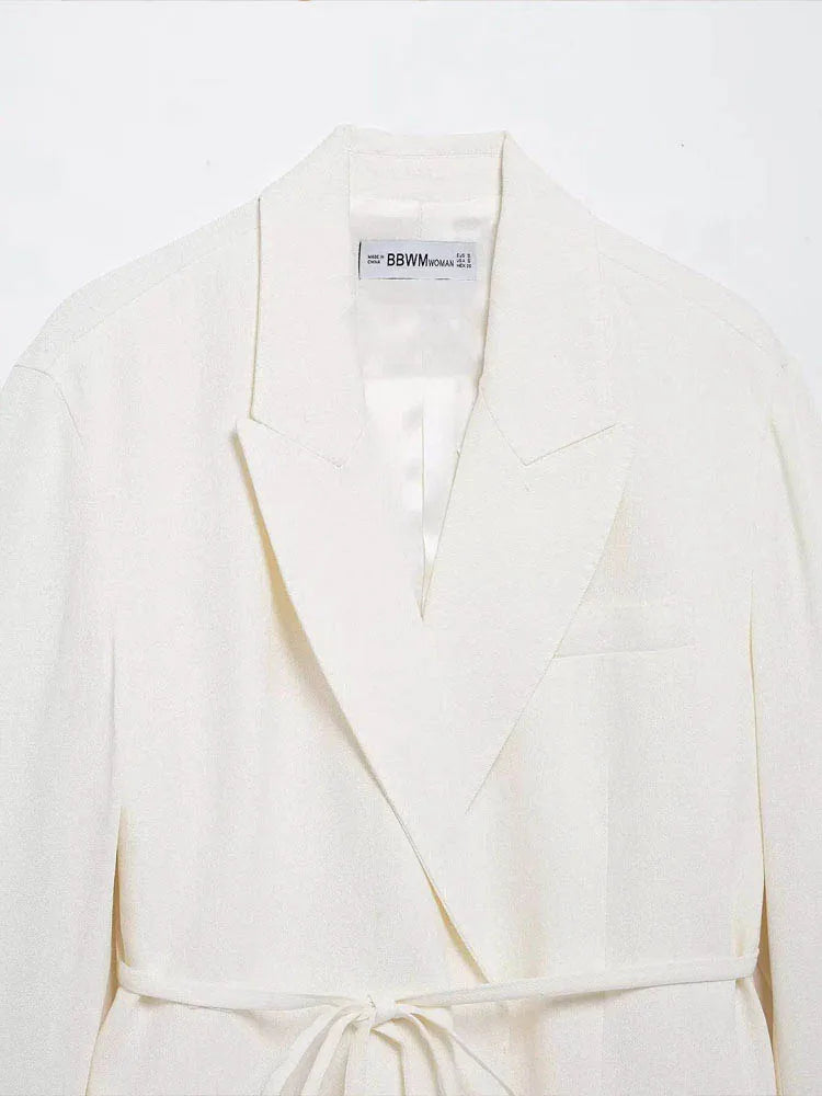 HH Women's Suits White Turn-Down Collar Long Sleeves Lace-Up Blazers+High Waist Zipper Long Pants Female Spring Fashion Sets