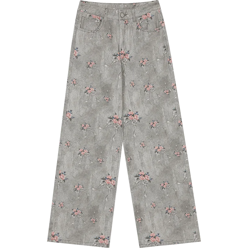 ELFSACK 2025 Spring New Arrivals Retro Flower Printed Wide Leg Cotton Jeans Women Loose Straight Pants