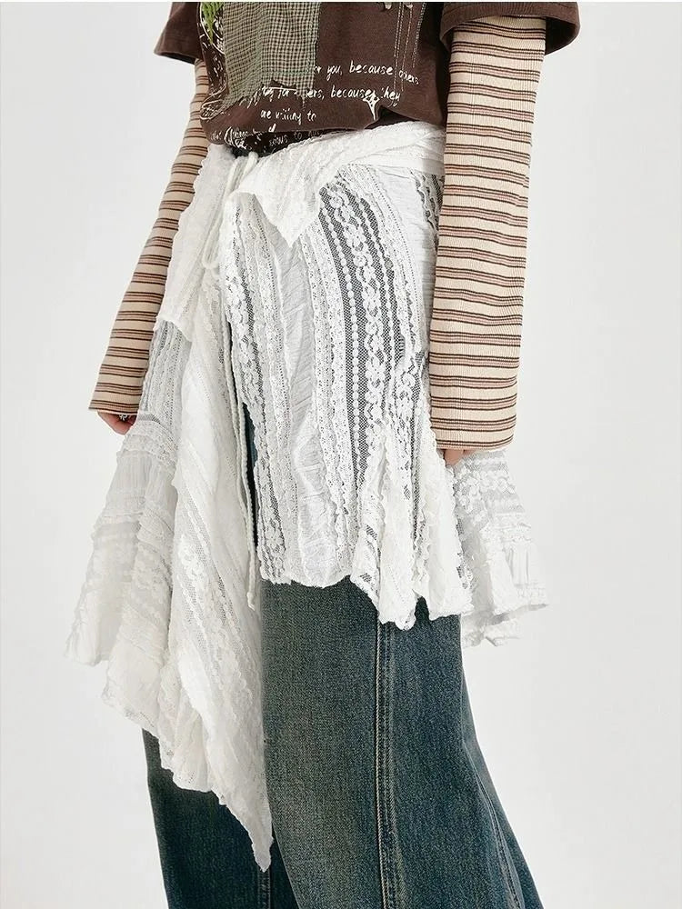 American Retro White Lace Skirt Women Irregular Bandage Pleated All Match Skirt Ladies Spring Autumn New Korean Fashion Clothing