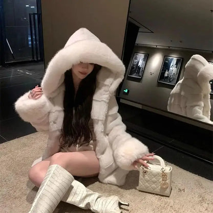 Winter New Environmentally Friendly Rabbit fur fur Coat Women Imitation fox fur Collar Hooded mid Length Fur Plush Mink fur Coat