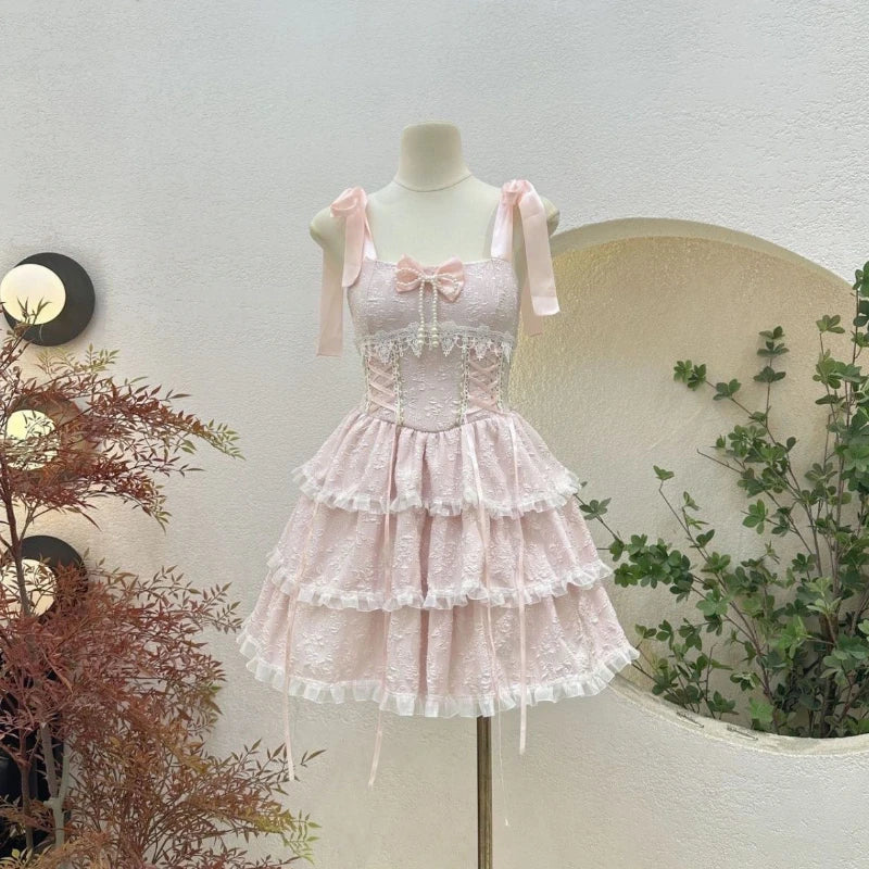 Summer Japanese Style Kawaii Lolita Dress Women Vintage Sweet Lace Bow Ruffles Cake Dresses Harajuku Y2k Slim Bandage Dress