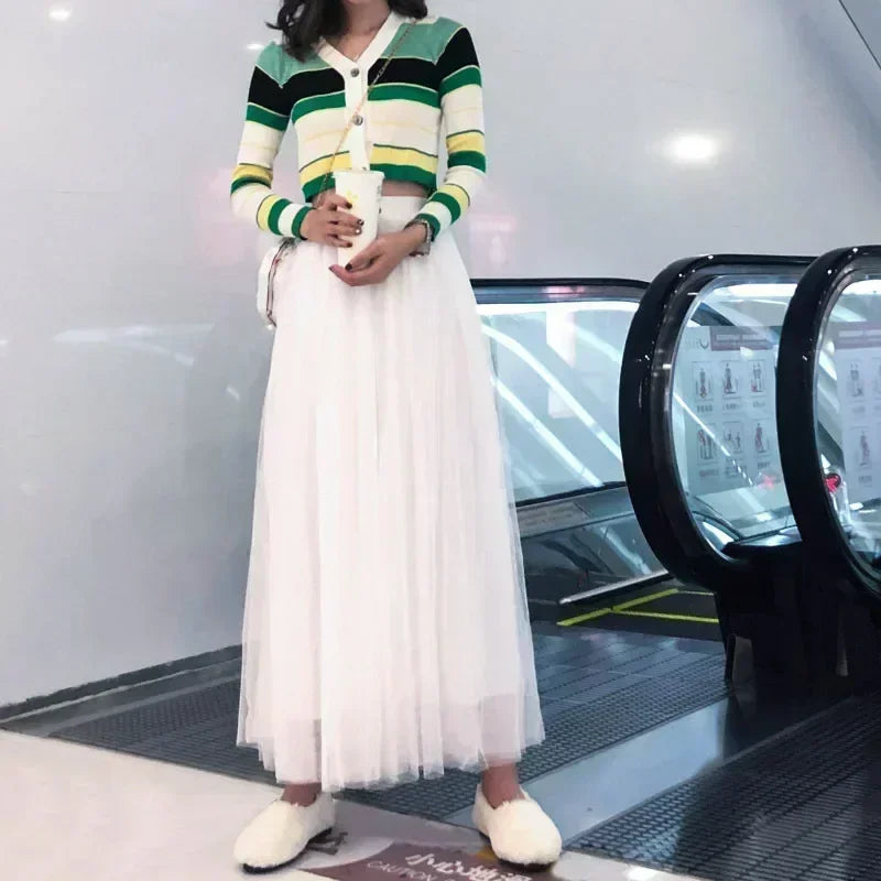 Women Mesh Elastic Tutu Skirt Beach Spring Summer Korean High Waist Fashion Pleated Long Skirt Black White Tulle Skirts LSK010