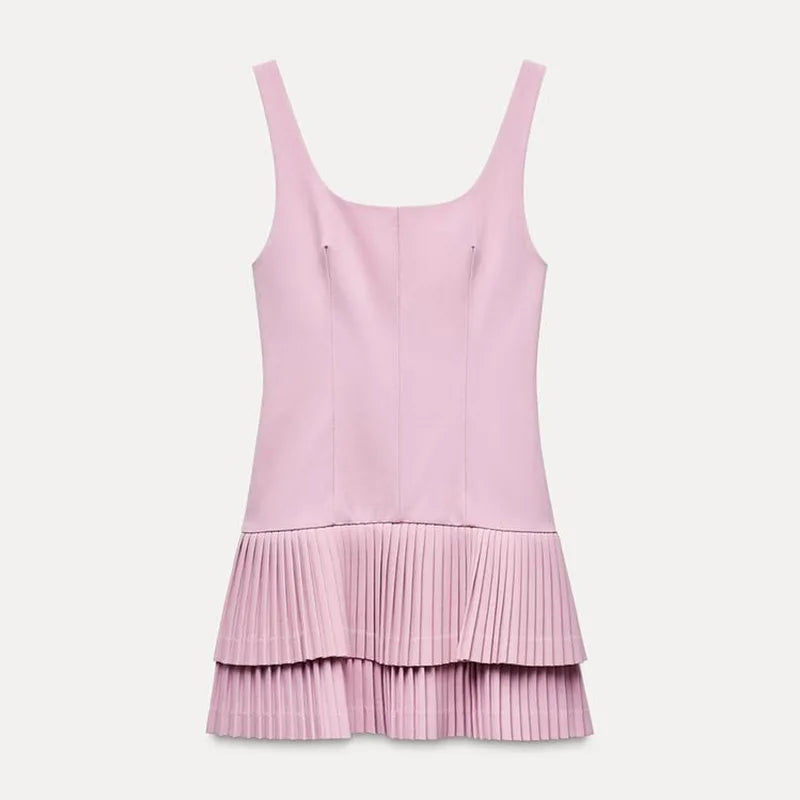 Patchwork Contrast Color Pleated Mini Dress Women Chic Strap Sleeveless Backless Single Breasted Dresses 2025 Spring Lady Robe