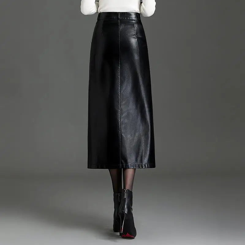 Autumn and Winter Fashion PU Leather Skirt, Solid Color High Waist Straight Tube Package Hip A Word Slit Half Body Skirt Women