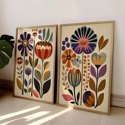 2pcs Modern Scandinavian Wall Art Posters, Noframed Norwegian Folk Decor Boho Floral Print,Nordic Painting for Living Room Decor