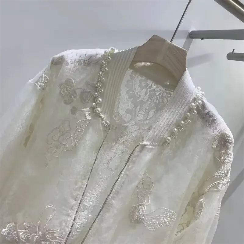 Summer Beading Embroidery Thin Jacket 2025 Women Elegant Sun Protective Clothing High Street Baseball Uniform Short Jacket