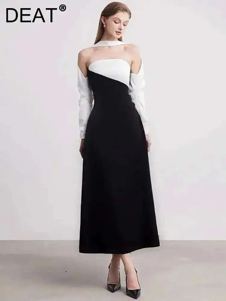DEAT Elegant Dress Strapless Off Shoulder Contrast Color Asymmetric Women's Party Halter Dress 2026 Spring New Fashion 13DB4516