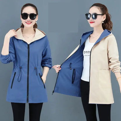 2024 New Autumn Women's Jacket Double-sided Windbreaker Female Long Sleeve Jackets Hooded Casual Basic Coat Loose Outerwear 4XL