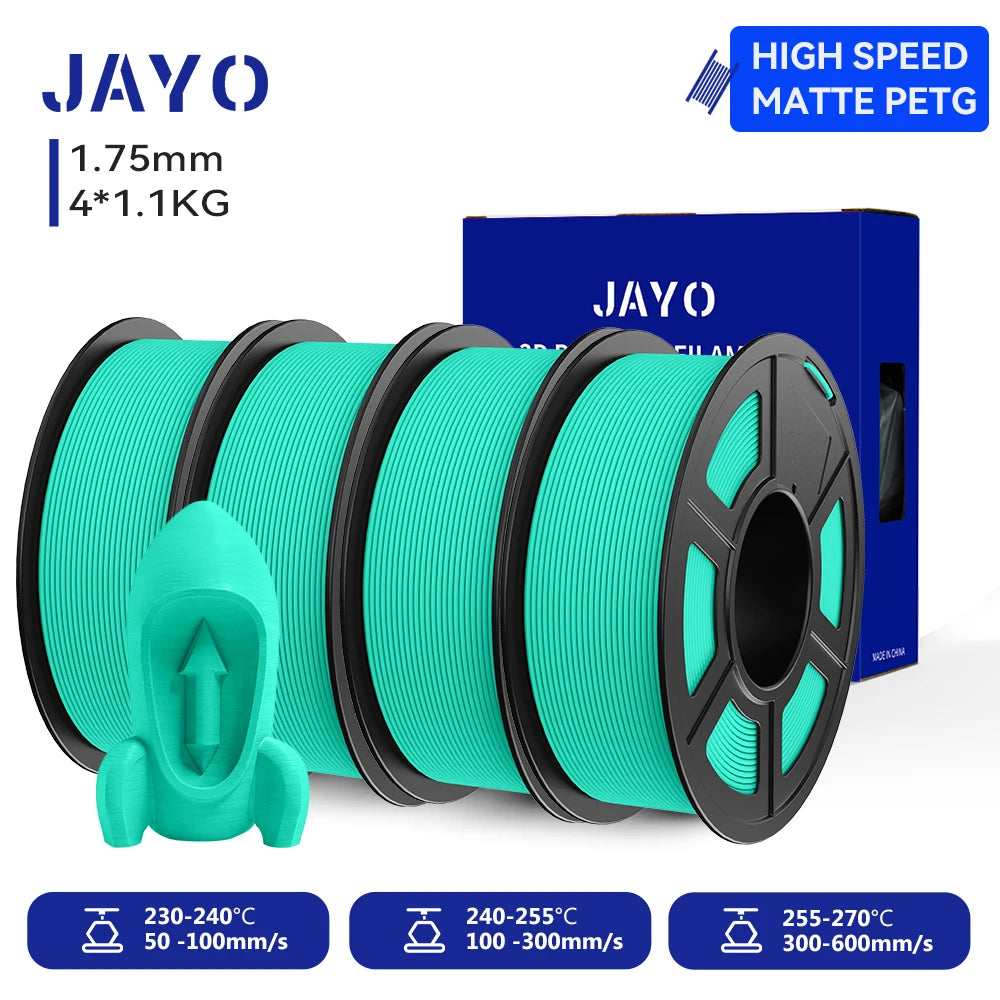 JAYO 4Rolls 3D High Speed Matte PETG 3D Filament 1.75mm 30mm/s - 600mm/s Print Range High Flow Speedy PETG 3D Printer Filament
