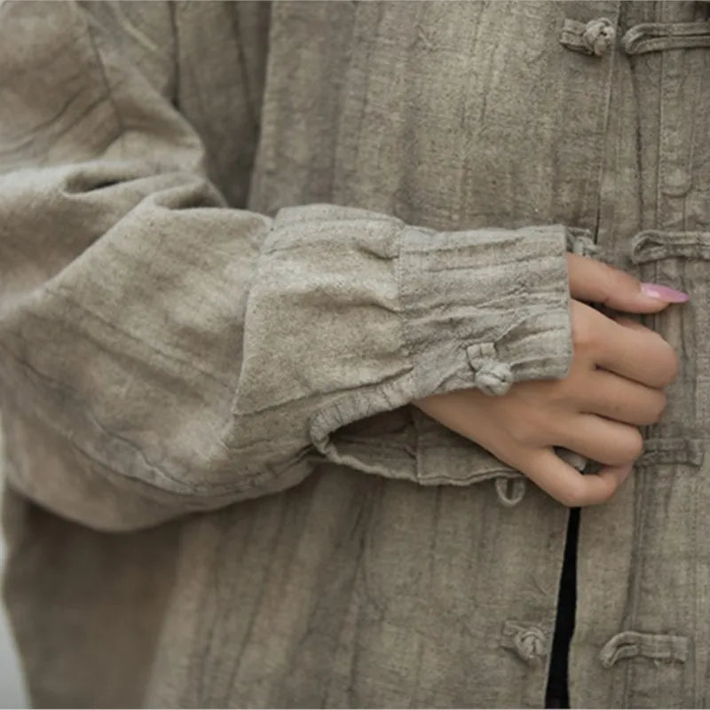 Johnature Women Vintage Ramie Shirt Jackets Stand Long Sleeve High Quality Coats 2025 Autumn New Button Loose Women Jackets