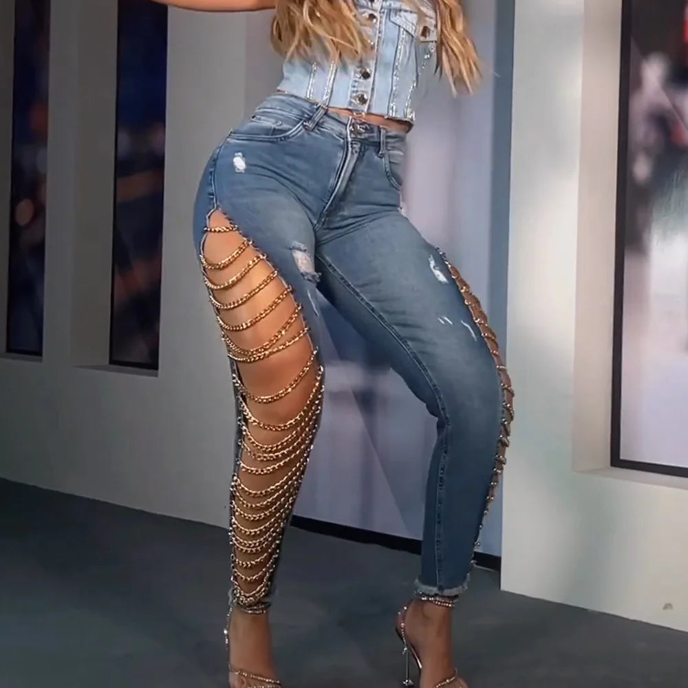 Women's Chain Jeans 2025 Spring Lace Stitching New Fashion Sexy Skinny Pants Pencil Pants Strech Jeans