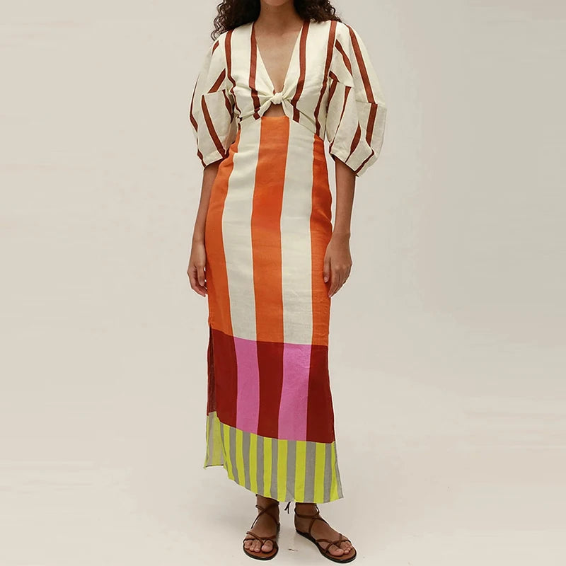 Puff Sleeves High Waist Slim Fit Women's Long Dress Vintage Side Split Holiday Dress Low Cut V Neck Pattern Printed A-line Dress