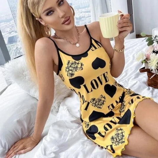 1 Piece Casual & Comfy Heart & Letter Print Nightdress, Lettuce Trim Sexy Slip Short Nightdress, Women's Sleepwear & Dresses