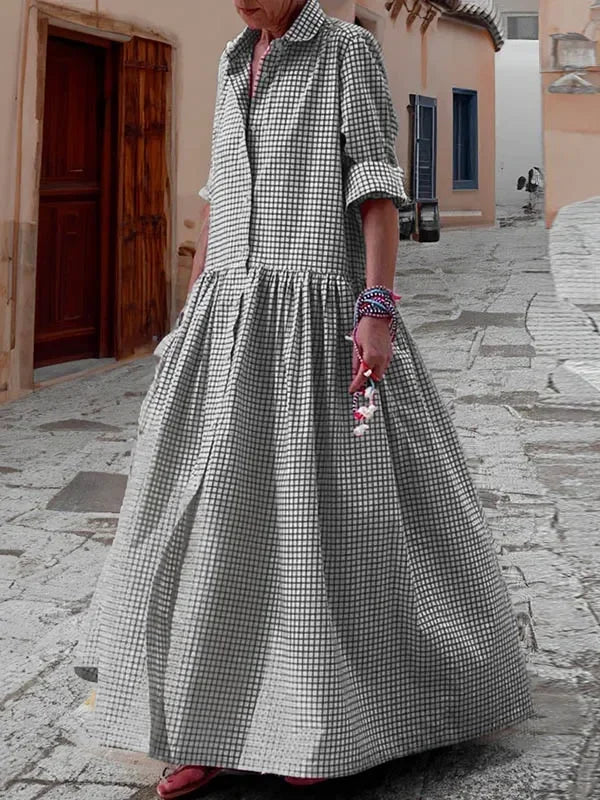 Fdey 2024 New Spring Autumn Long Sleeve Loose Button Casual Maxi Dresses Woman Korean Fashion Plaid Pleated Lapel Shirts Dress