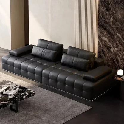 Modern Luxury 3seats Italian Minimalist Living Room Furniture Retro Lawrence Big Black Cow Leather Sofa L Shaped Lazy Minimalist