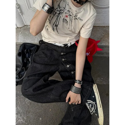 Black Gothic Y2k Emo Baggy Jeans Women Vintage Japanese 2000s Style Denim Trouser Harajuku Grunge Jeans Pants Oversize Clothes