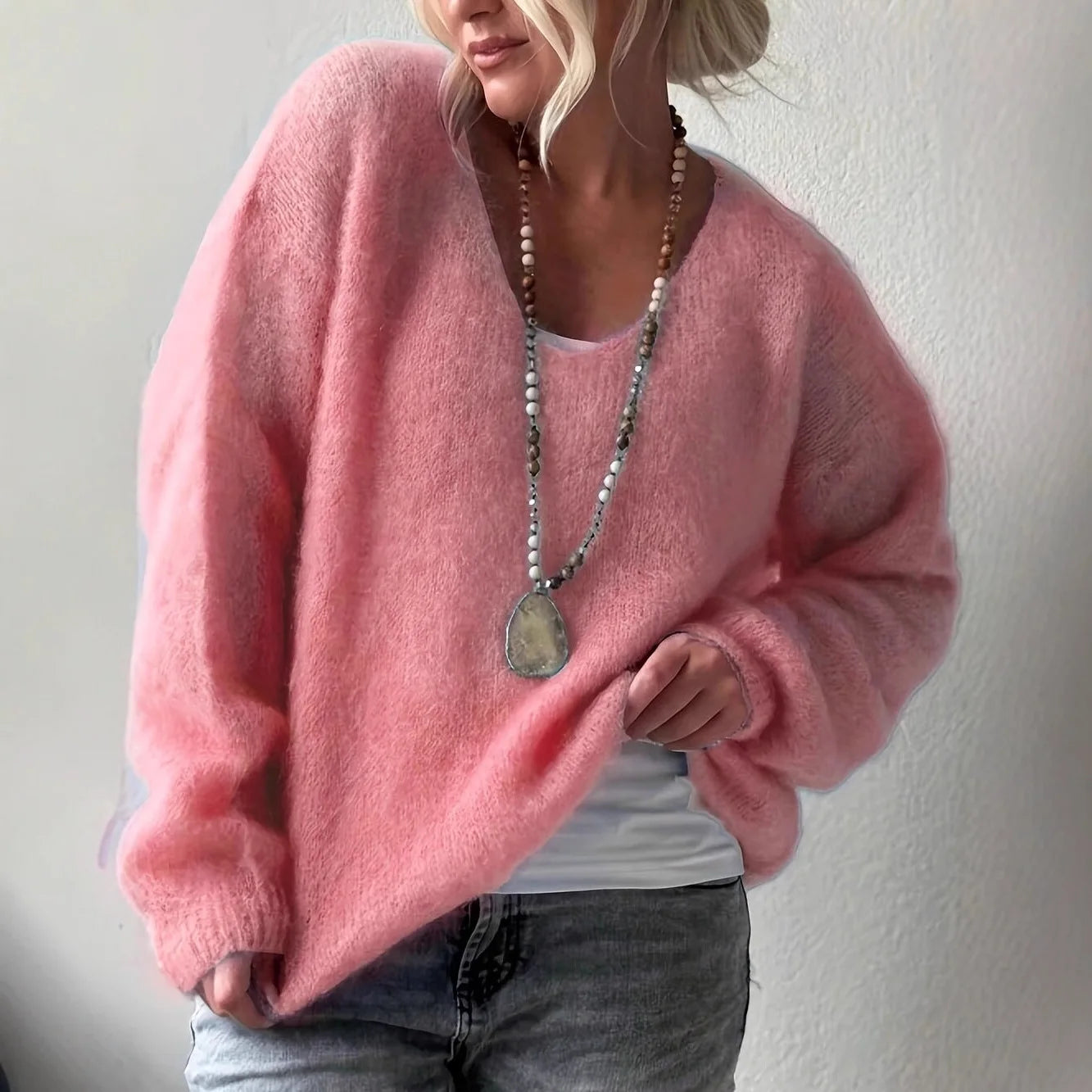 Autumn Elegant V-neck Soft Sweater Tops Women's Causal Long Sleeve Solid Color Knitted Blouse Winter Fashion Loose