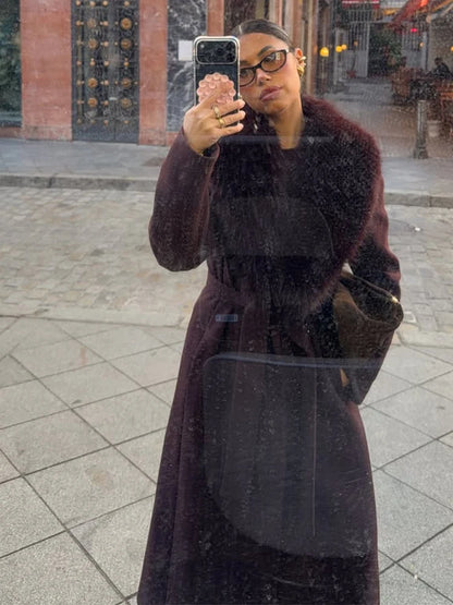 Fur Collar Patchwork V-neck Woolen Overcoat Women long Sleeve Waist Cinched Lace Up Coats Lady Party Daily Outdoor Casual Attire