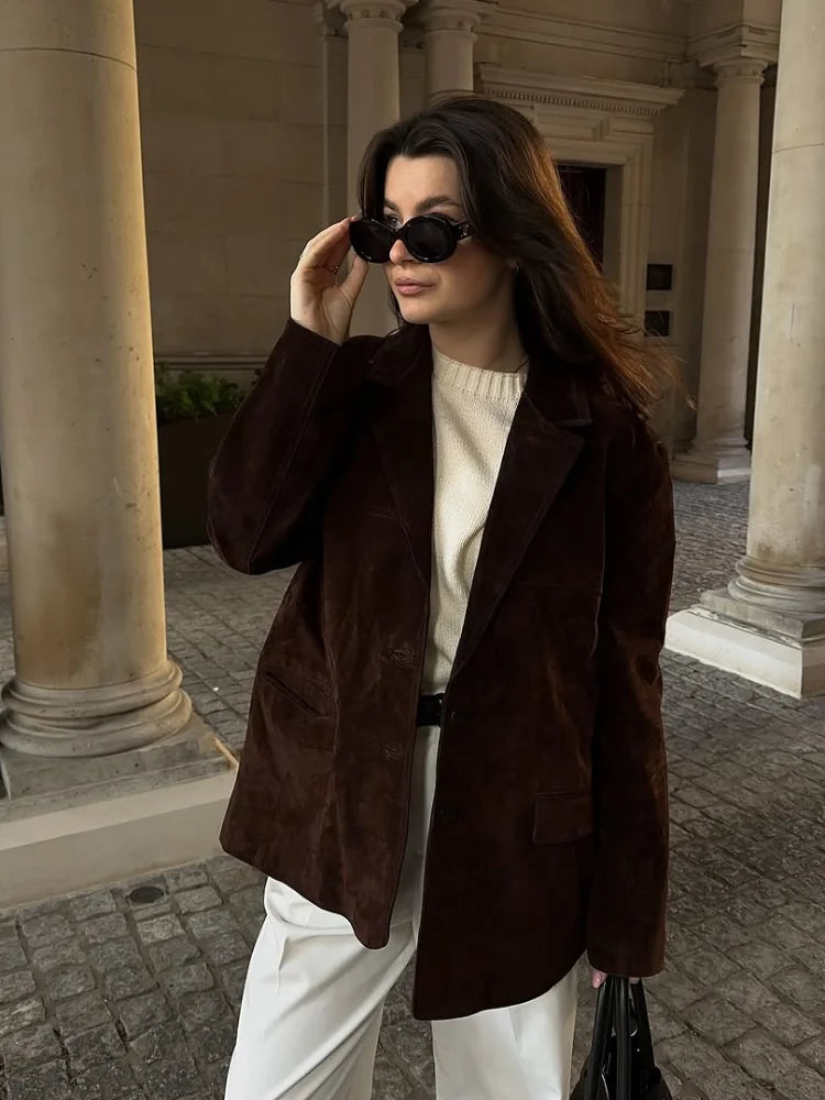 Vintage Brown Suede Jacket for Women Single Breasted Turn-down Collar Blazer with Pocket Casual Office Outerwear Autumn 2025