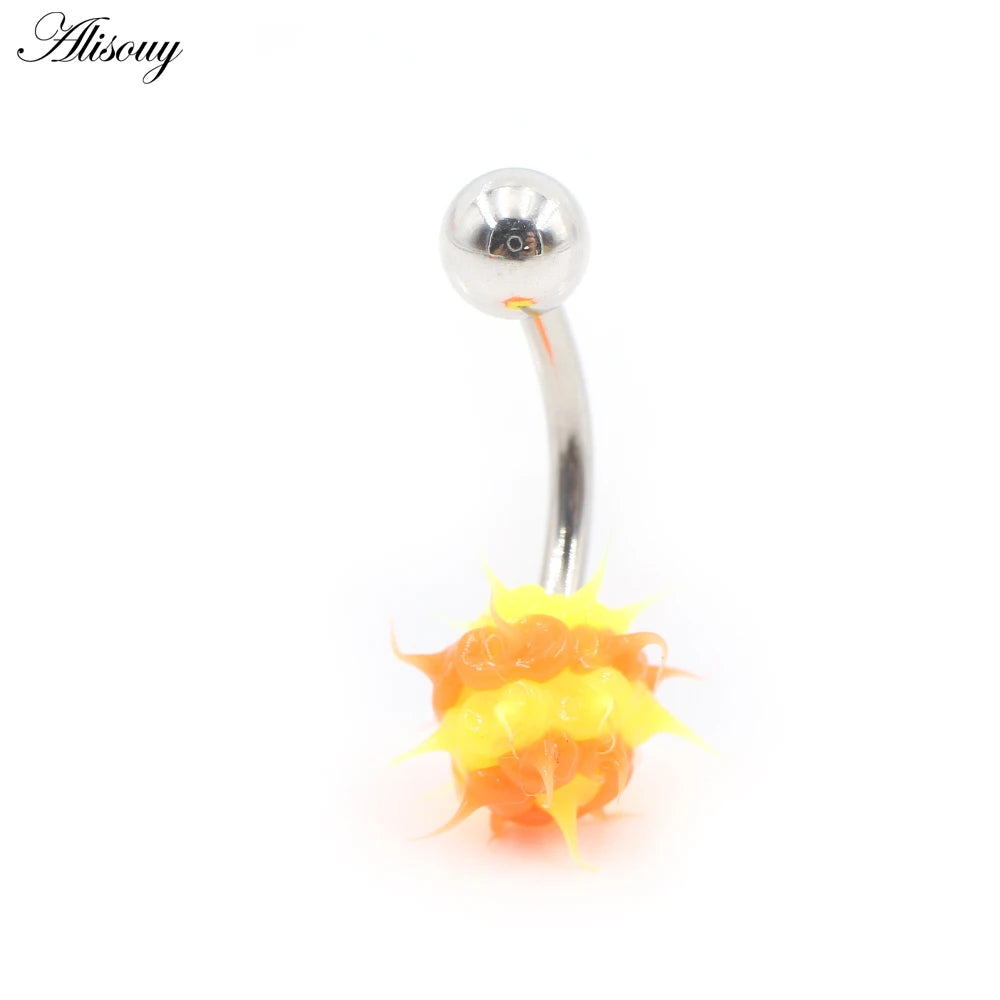 Alisouy 1PC 14G Silicone Rubber Brushed Fuzzy Ball Stainless Steel Bar Girl Women Belly Navel Button Ring Piercing Body Jewelry