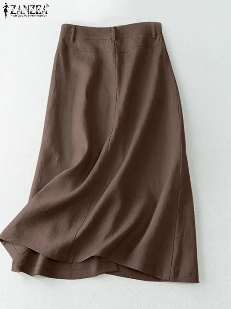 ZANZEA Women Casual Button Up A-line Skirts Summer Spring Cotton Midi Skirts Elegant High Waist Mujer Solid Temperament Faldas
