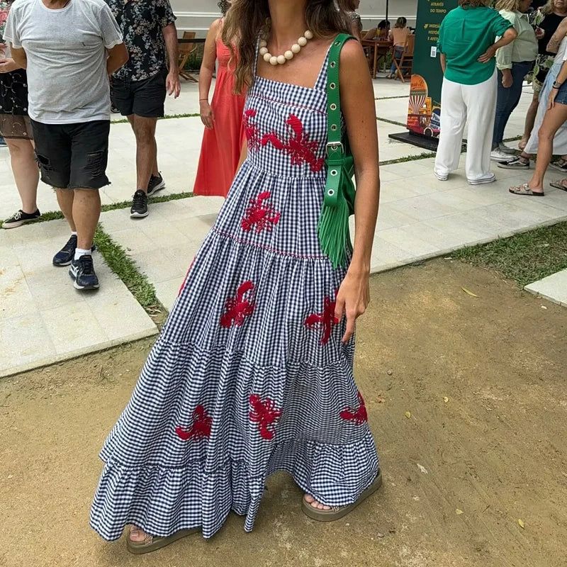 HXAO Women Ruffle Embroidery Slip Dress Sleeveless Plaid Dress Pleated Backless Beach Dress Holiday Woman Summer Dress 2024