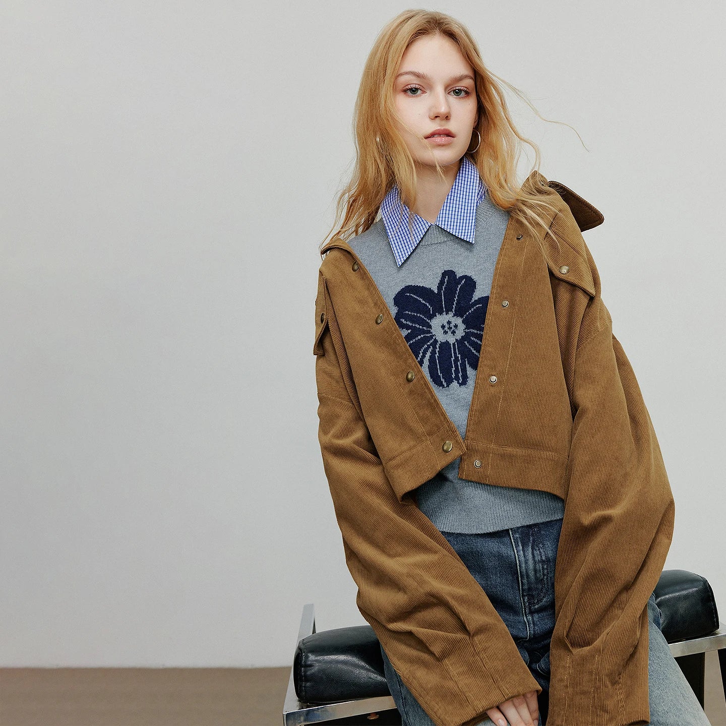 TOYOUTH Women Jacket 2025 Autumn New Collection Lulu style Retro Corduroy Splicing Collar Loose Short Coat