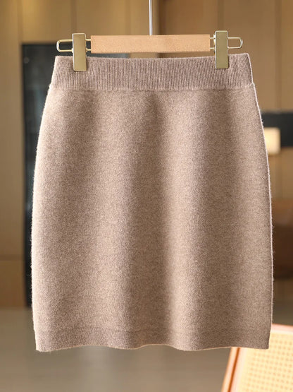 Women Wool Skirts Autumn Winter Office Lady Mini Slim Fit Skirt Elastic Waist 100% Merino Wool Knitted Cashmere Above Knee Dress